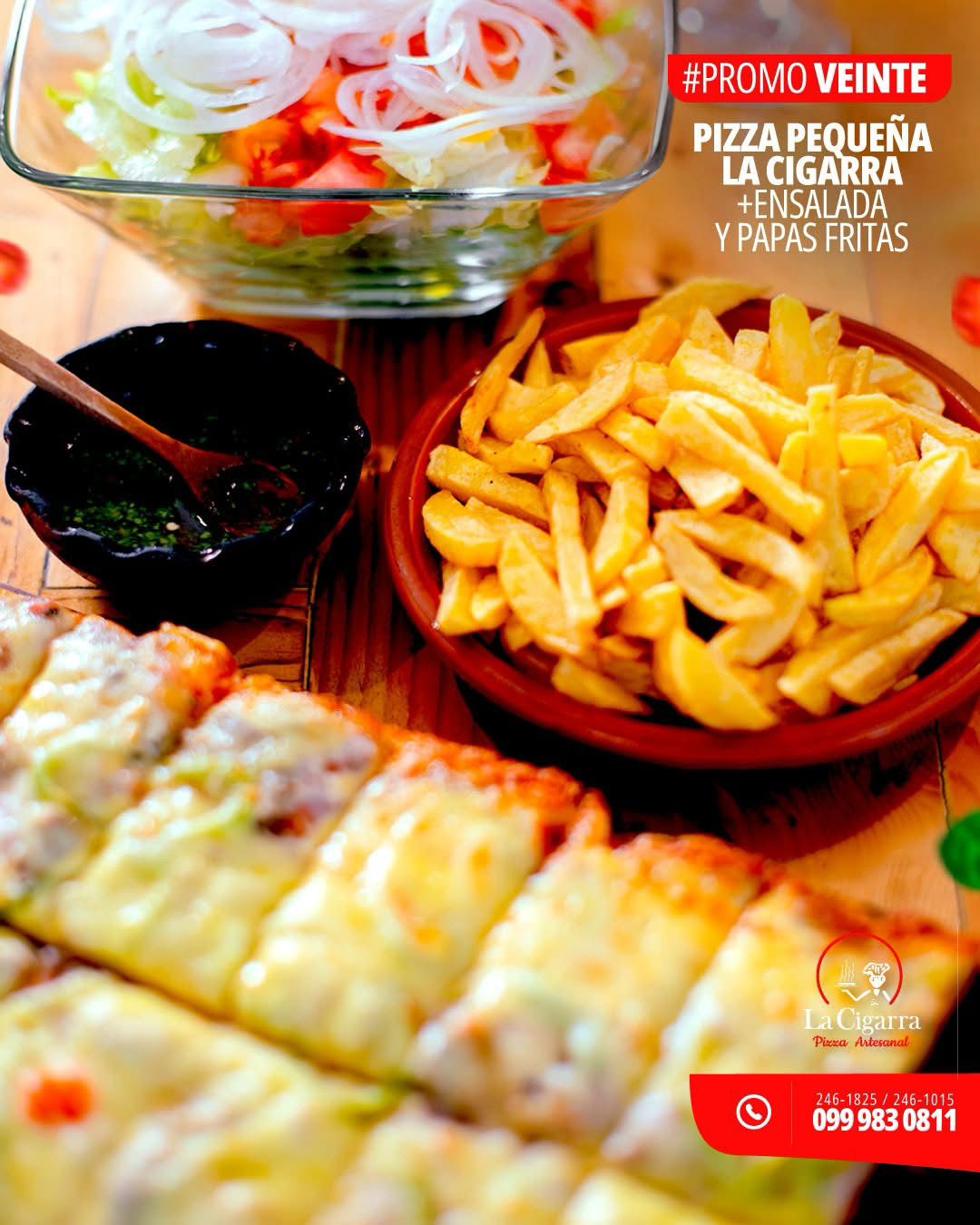 pizza pequeña mas ensalada y papas
